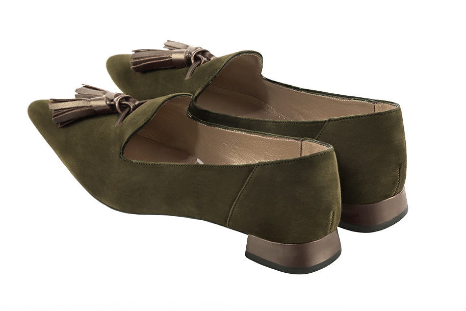 Khaki green and bronze gold women's loafers with pompons. Pointed toe. Flat flare heels. Rear view - Florence KOOIJMAN